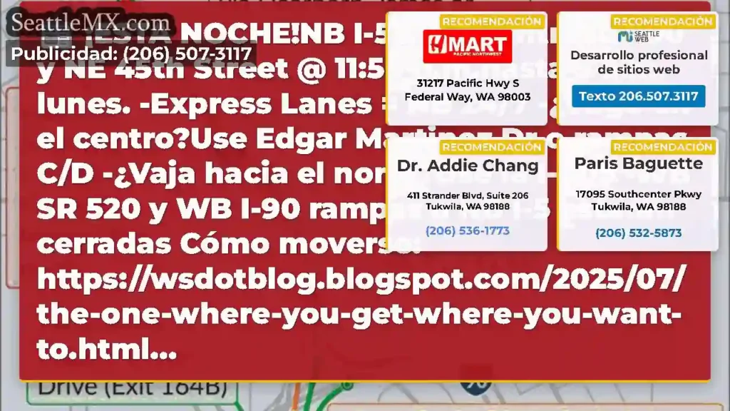 ¡ESTA NOCHE!NB I-5 cierra entre la I-90 y NE 45th