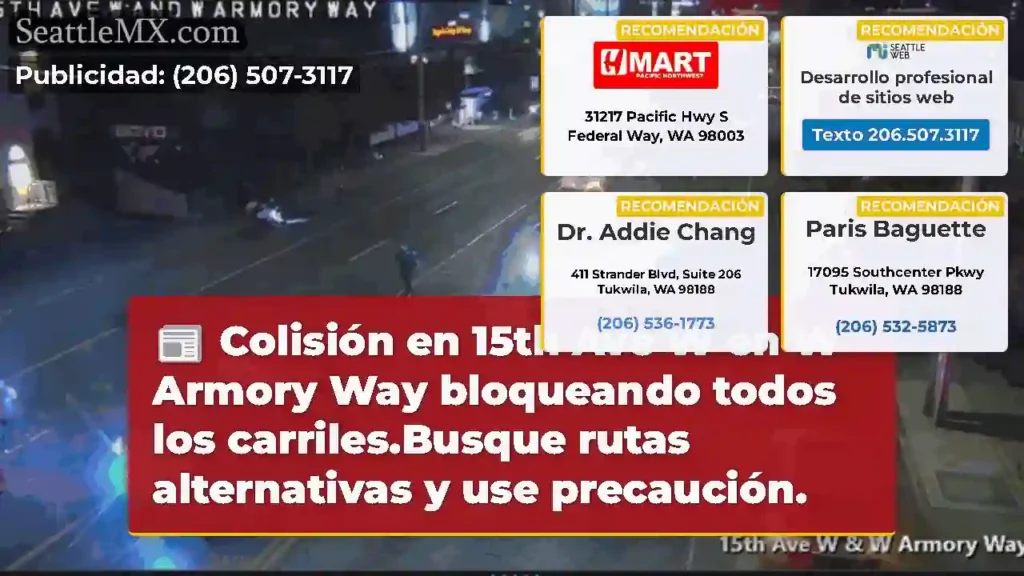 Colisión en 15th Ave W en W Armory Way bloqueando