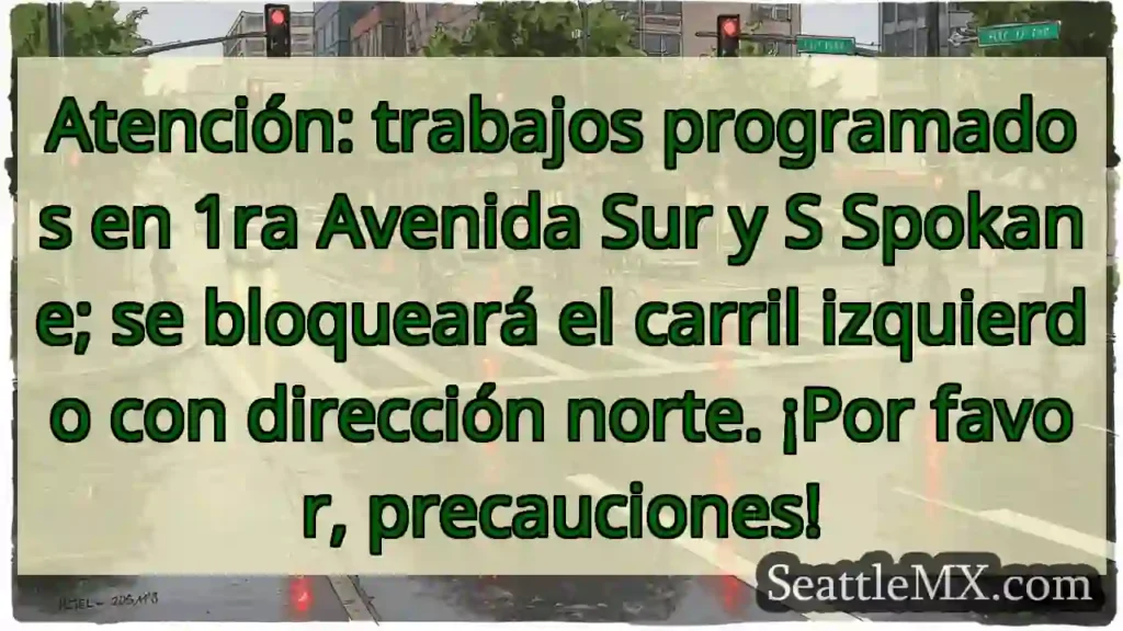 ¡Cuidado! 1ra Sur/S Spokane. Carril norte