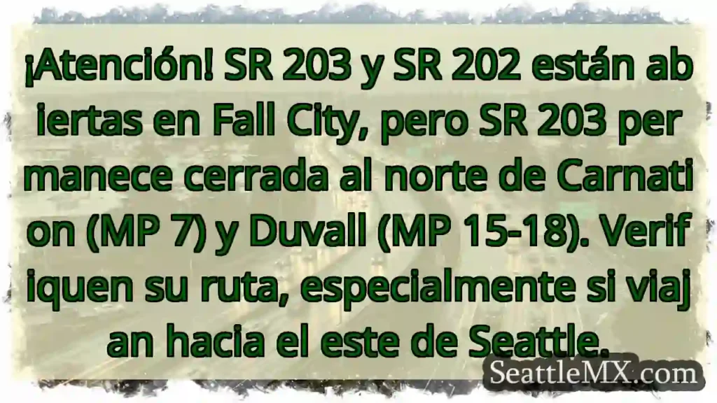 ¡Cuidado! SR 203 cerrada al N. Verifica ruta.