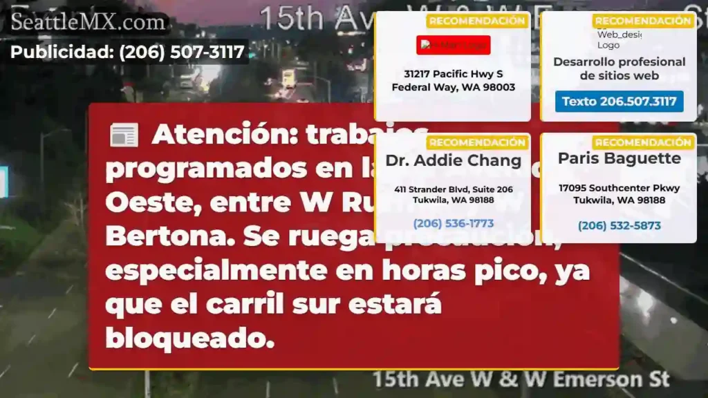 ¡Cierre de carril! 15 Av. O entre Ruffner y