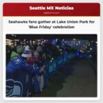 Aficionados de los Seahawks se reúnen en Lake Union Park para el Blue Friday previo al encuentro del Campeonato de la NFC