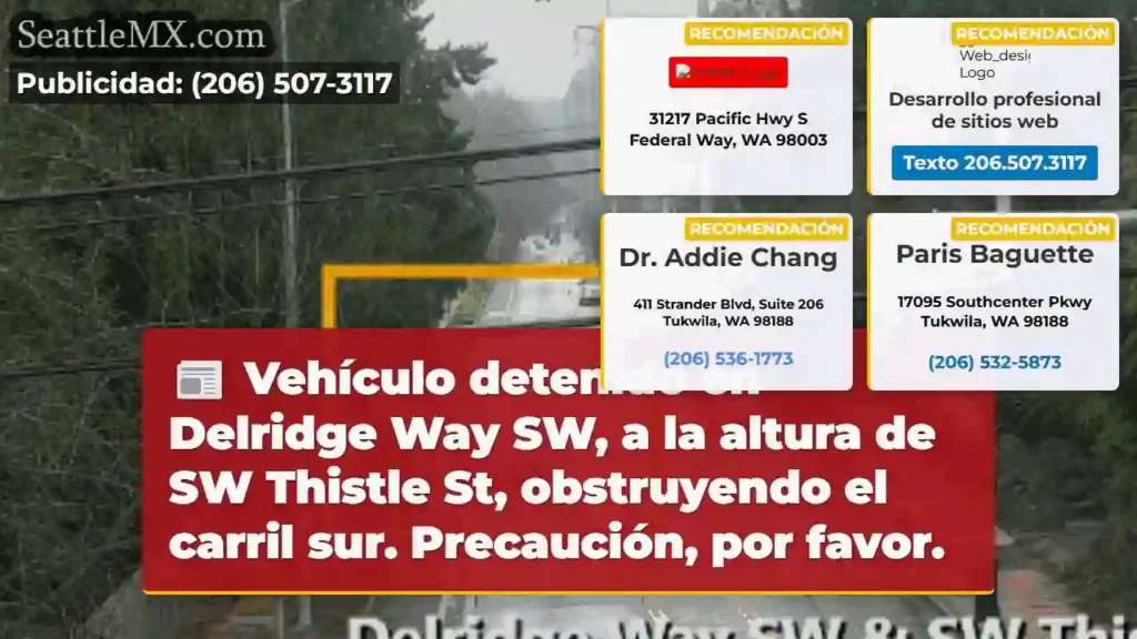 ¡Precaución! Vehículo obstuye carril en Delridge