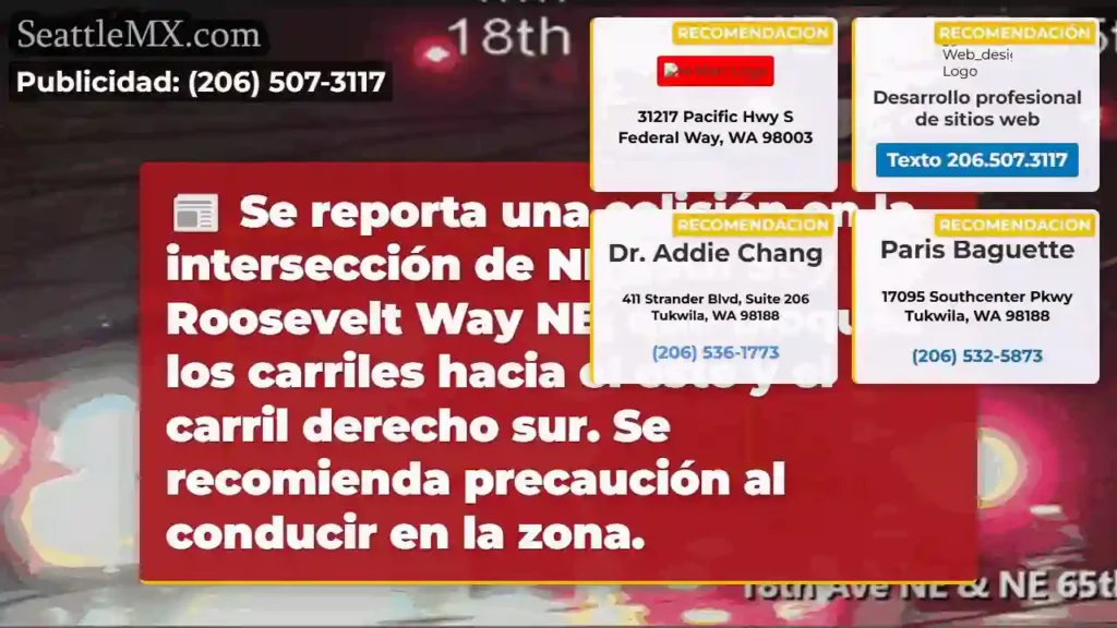 ¡Accidente! NE 65th St y Roosevelt Way. Tráfico