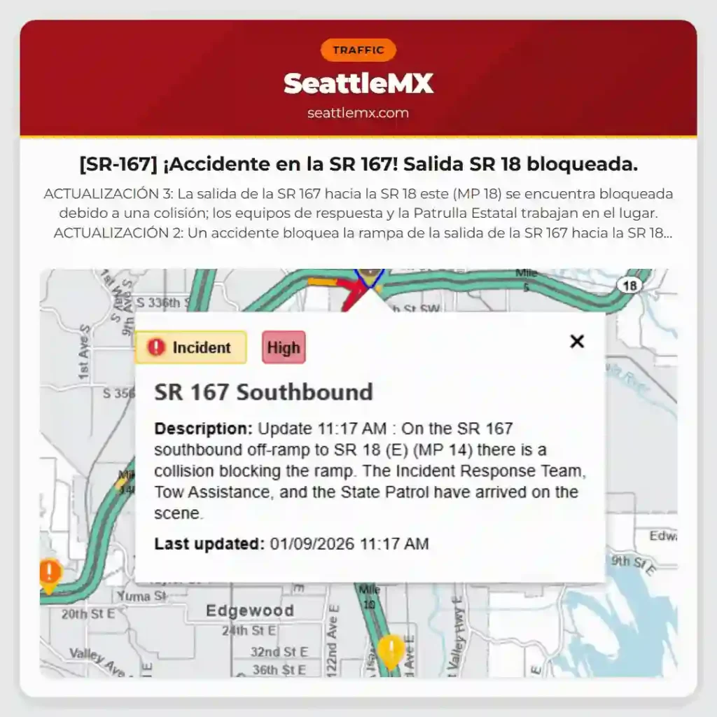 [SR-167] ¡Accidente en la SR 167! Salida SR 18 bloqueada.