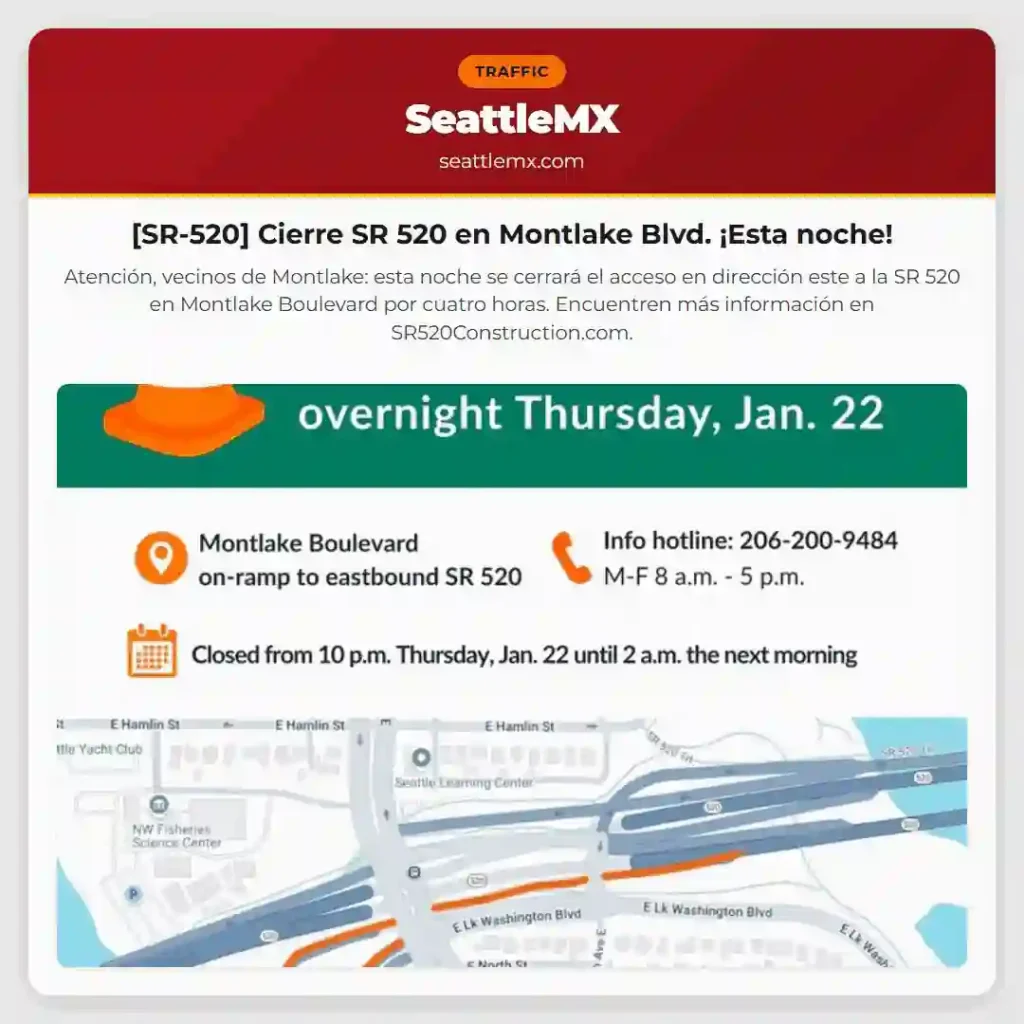[SR-520] Cierre SR 520 en Montlake Blvd. ¡Esta noche!