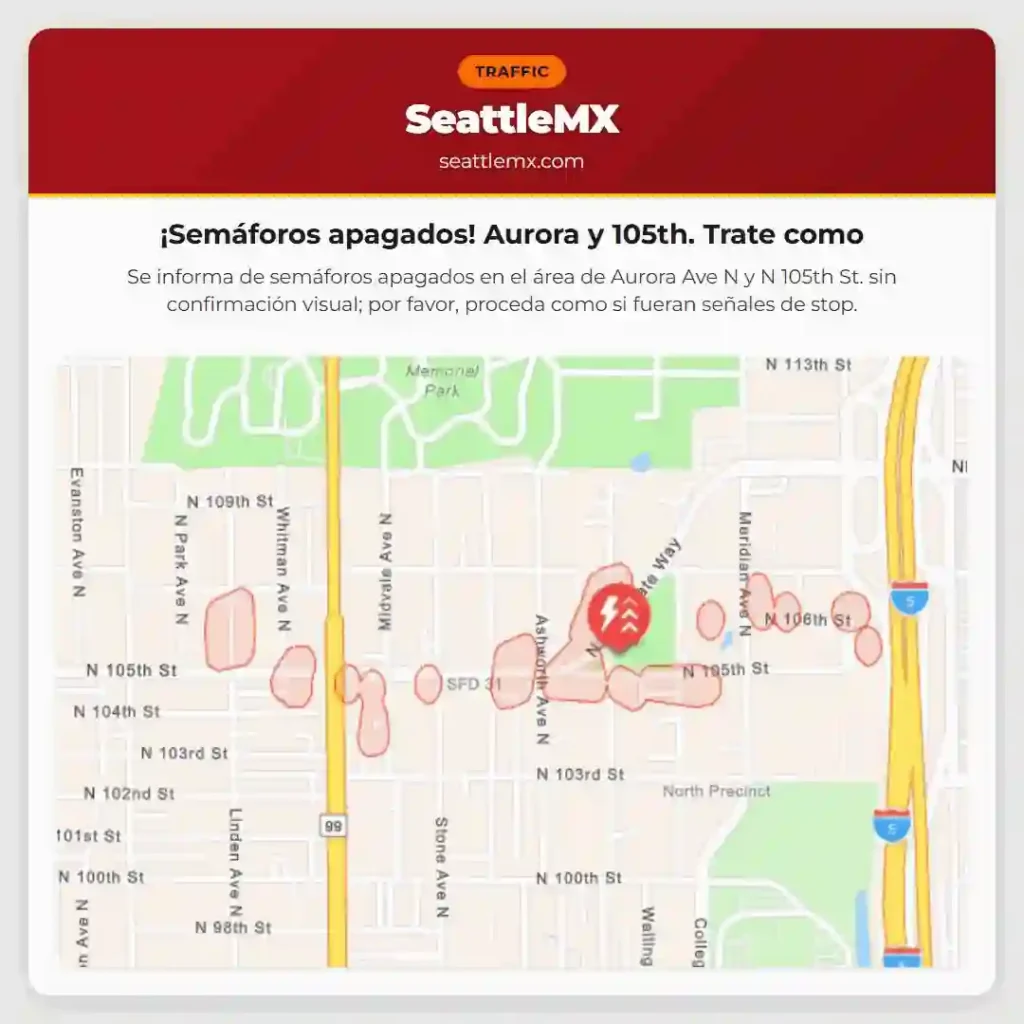 ¡Semáforos apagados! Aurora y 105th. Trate como