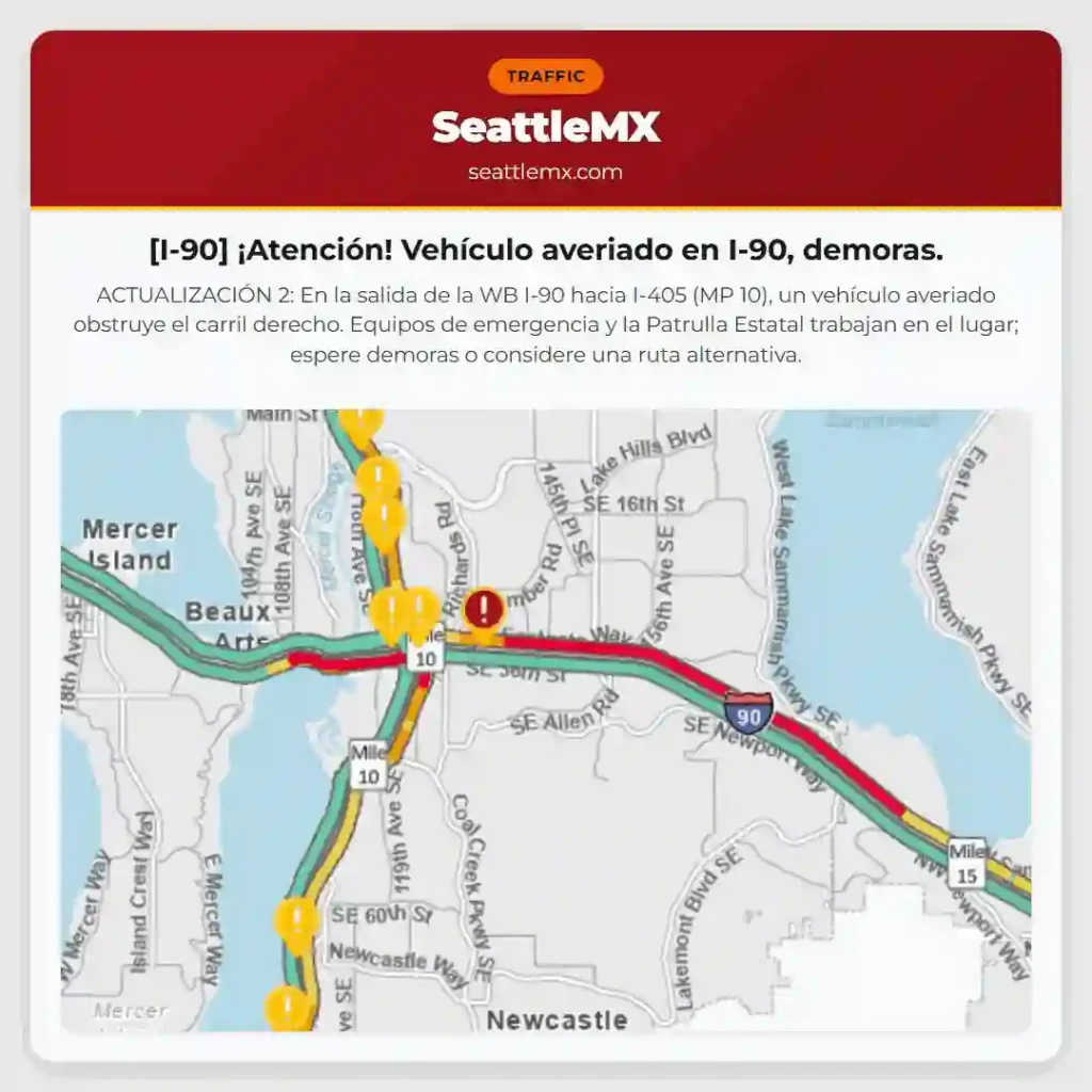 [I-90] ¡Atención! Vehículo averiado en I-90, demoras.