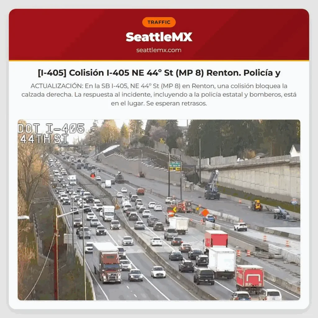 [I-405] Colisión I-405 NE 44º St (MP 8) Renton. Policía y