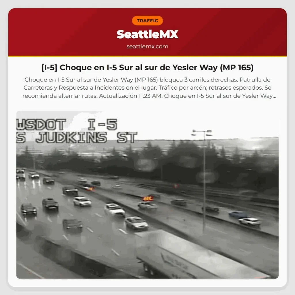 [I-5] Choque en I-5 Sur al sur de Yesler Way (MP 165)
