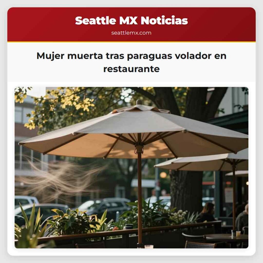 Mujer muerta tras paraguas volador en restaurante