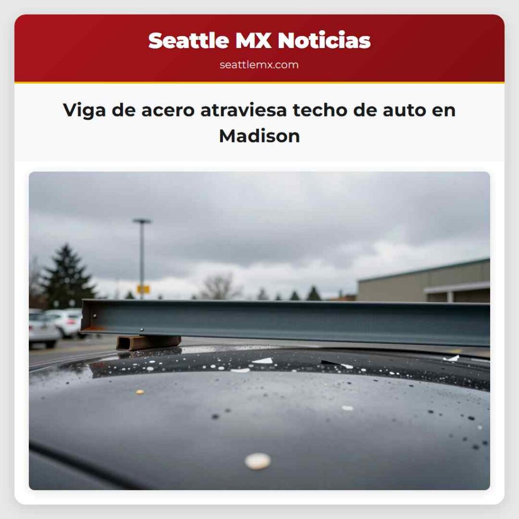Viga de acero atraviesa techo de auto en Madison