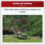 Árbol caído daña 6 vehículos y atrapa a 2 en parque